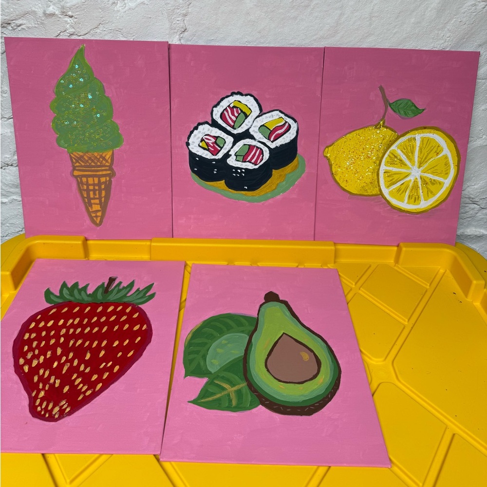 Pink Canvas Art Set with Food Designs